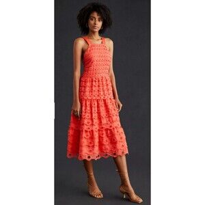 Anthropologie Maeve Eyelet Tiered Midi Dress Red Petite 10